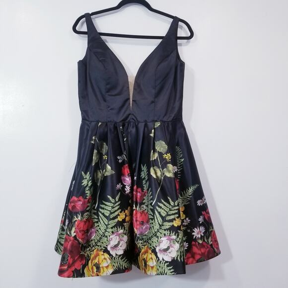 Sherri Hill Floral Fit and Flare Satin Mini Dress Lace Up Back with Pockets - Picture 2 of 16